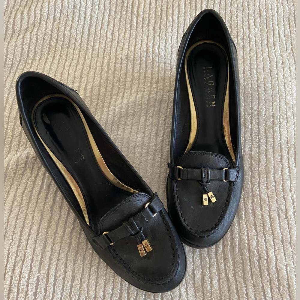 Ralph Lauren Black Leather Wedge Loafers